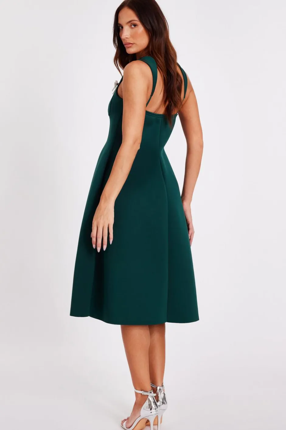 Quiz Diamante Bow Midi Dress Dark Green Clearance