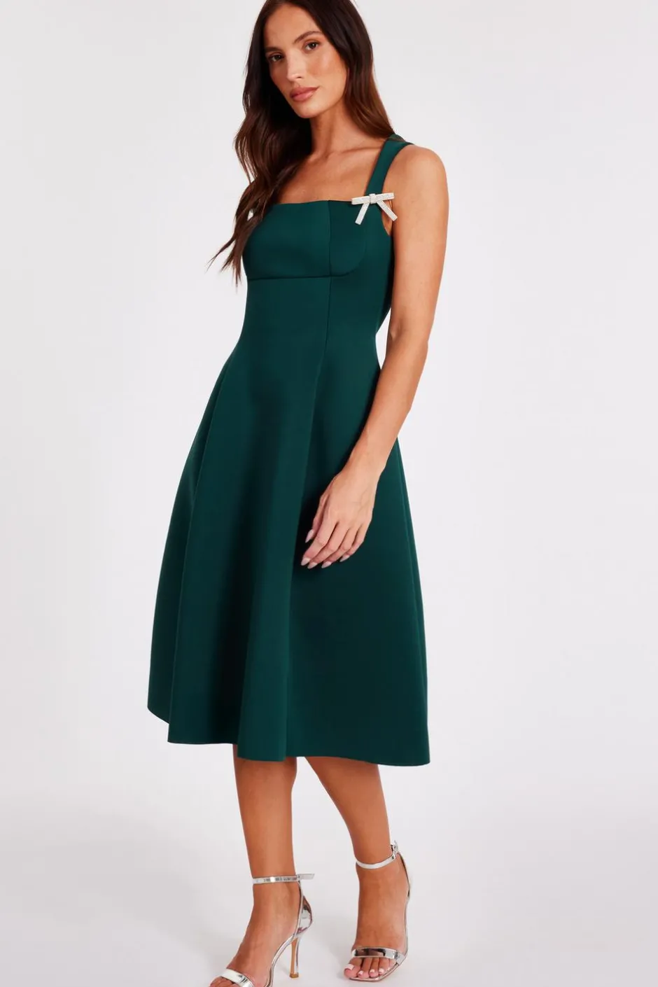 Quiz Diamante Bow Midi Dress Dark Green Clearance