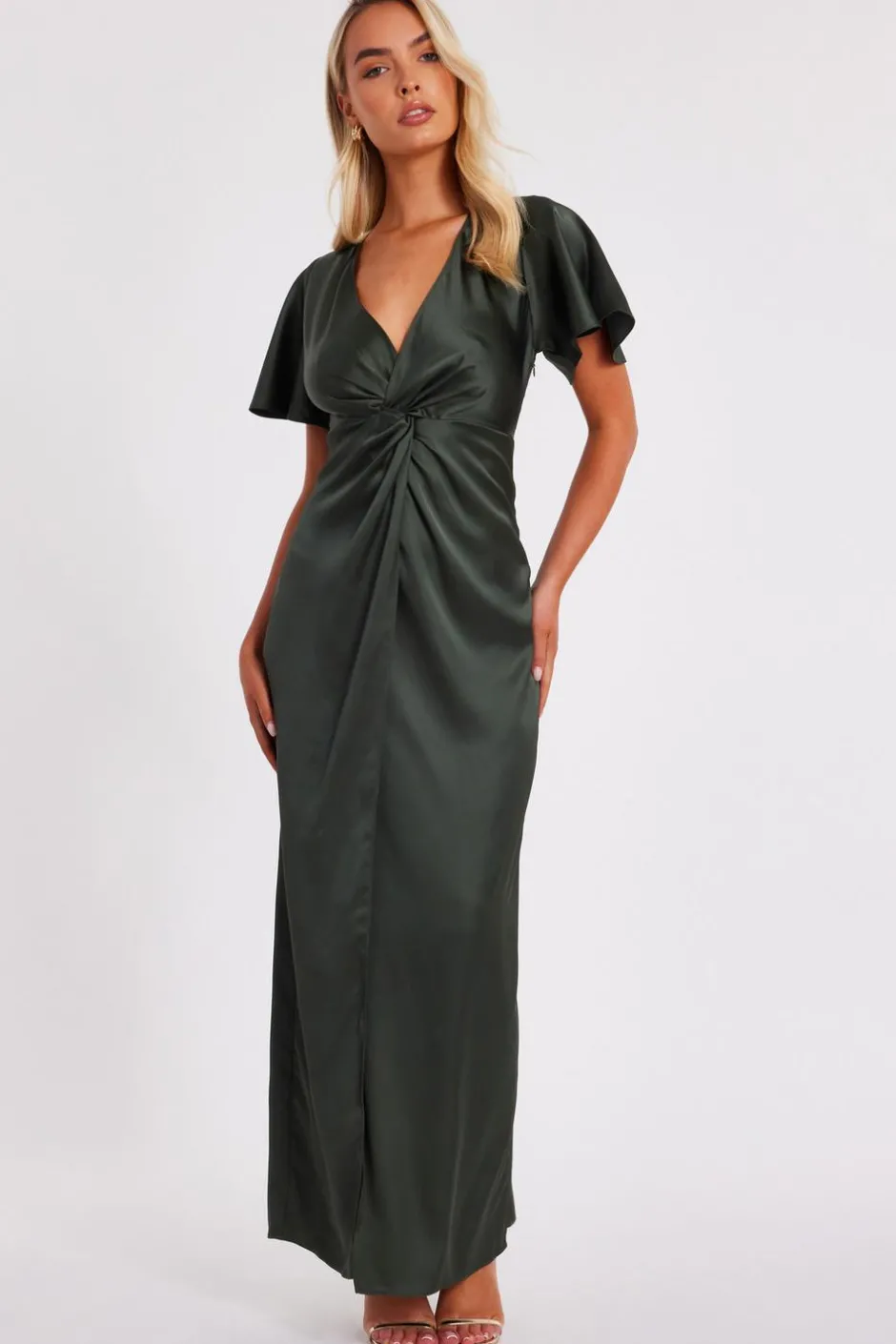 Quiz Satin Midaxi Dress Dark Green Online