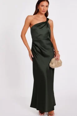 Quiz Satin One Shoulder Midaxi Dress Dark Green New