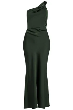 Quiz Satin One Shoulder Midaxi Dress Dark Green New