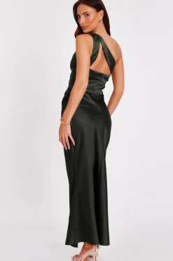 Quiz Satin One Shoulder Midaxi Dress Dark Green New