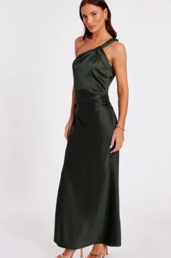 Quiz Satin One Shoulder Midaxi Dress Dark Green New