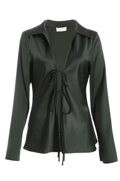 Quiz Dark Green Satin Tie Front Top Hot
