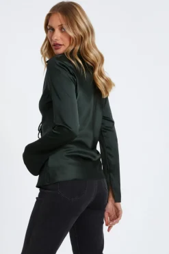 Quiz Dark Green Satin Tie Front Top Hot