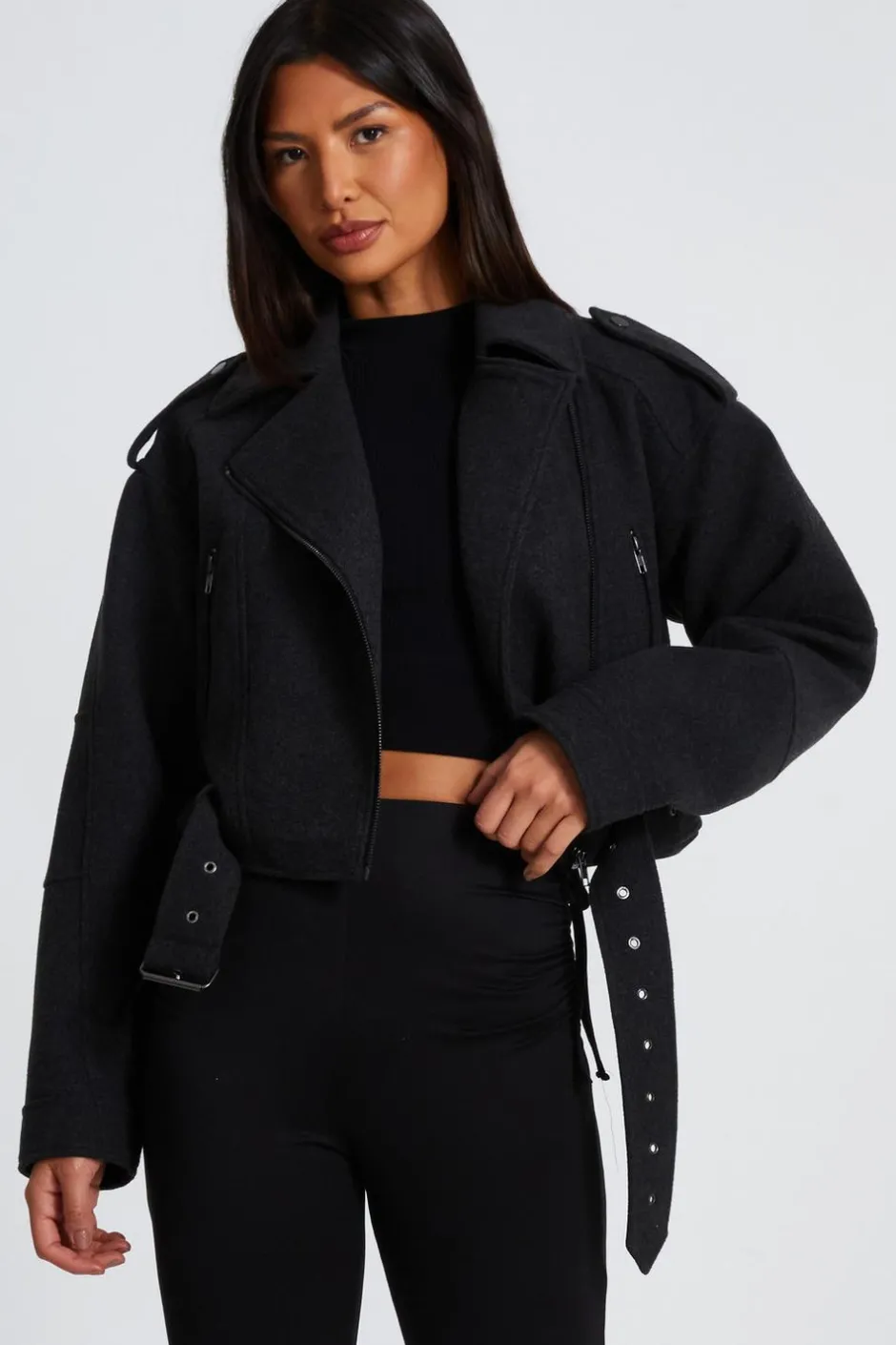 Quiz Dark Grey Cropped Biker Jacket Discount