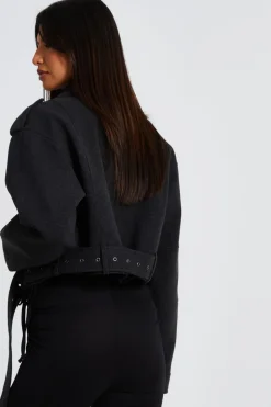 Quiz Dark Grey Cropped Biker Jacket Discount