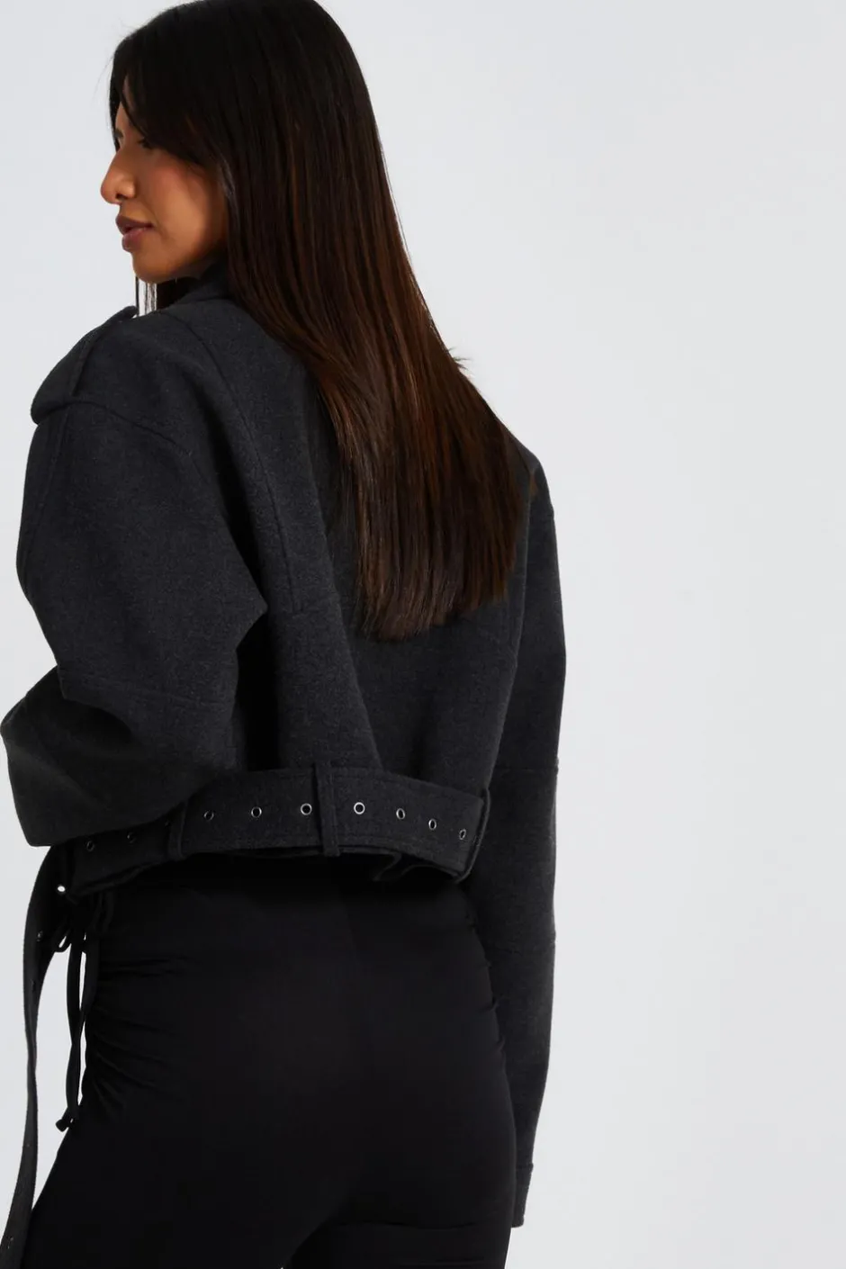 Quiz Dark Grey Cropped Biker Jacket Discount