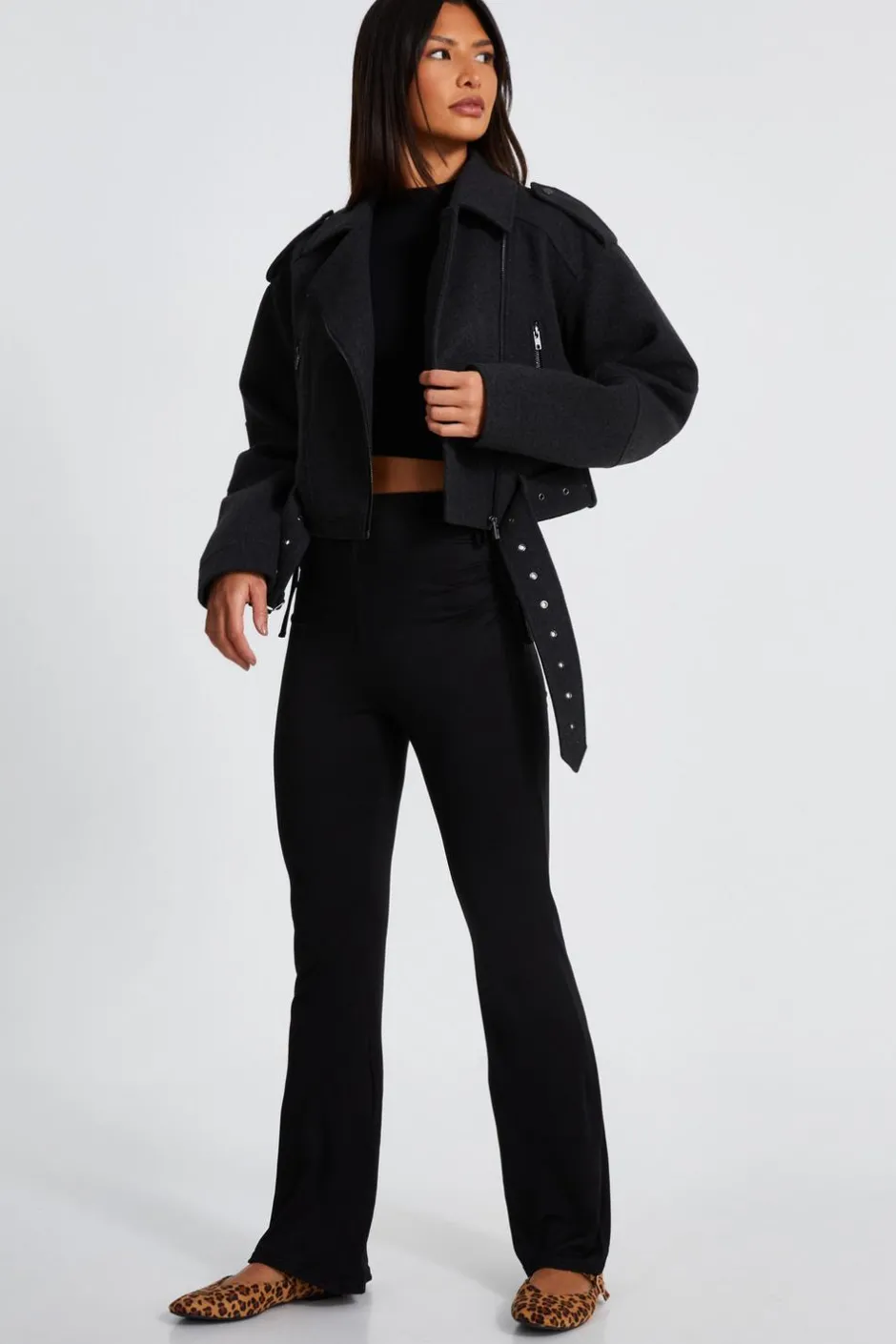 Quiz Dark Grey Cropped Biker Jacket Discount