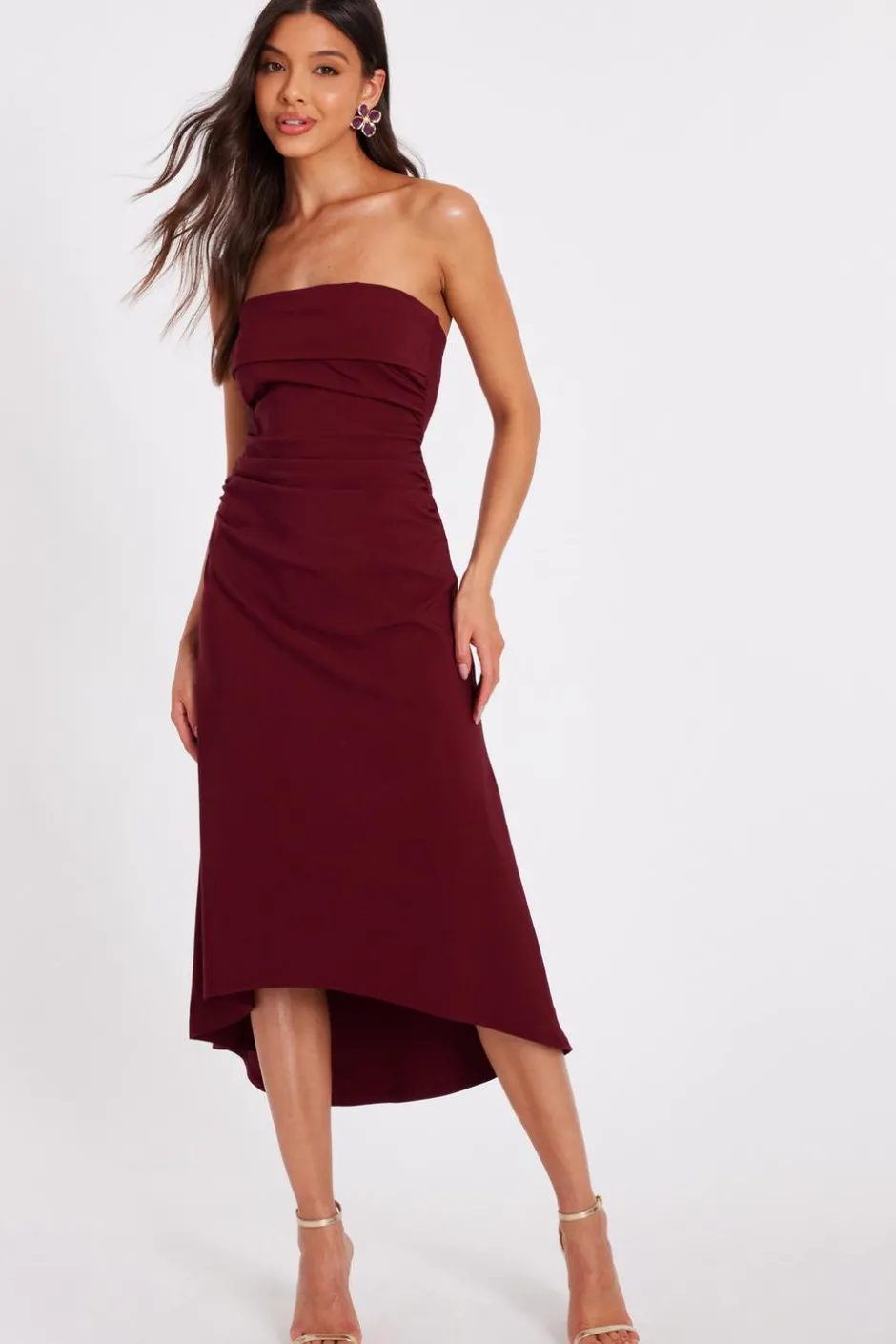 Quiz Dark Red Bandeau Midi Dress Berry