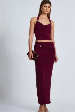 Quiz Dark Red Buckle Detail Maxi Skirt Berry