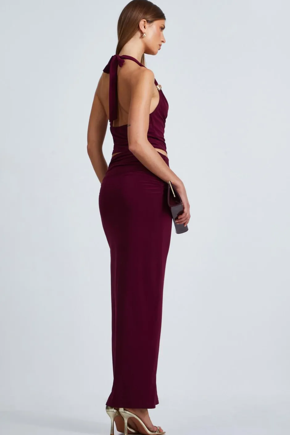 Quiz Dark Red Buckle Detail Maxi Skirt Berry