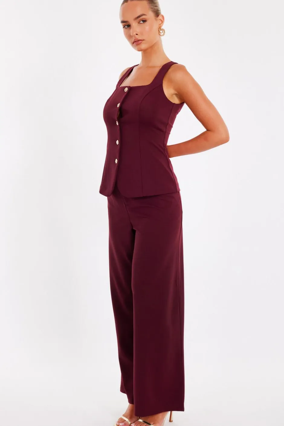 Quiz Dark Red Button Front Waistcoat Clearance