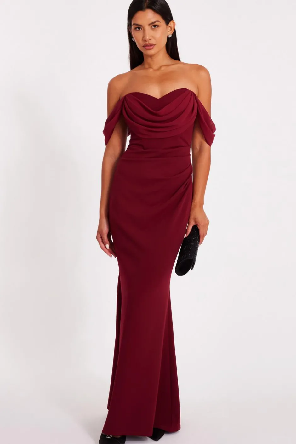 Quiz Dark Red Chiffon Bardot Maxi Dress Wine Outlet