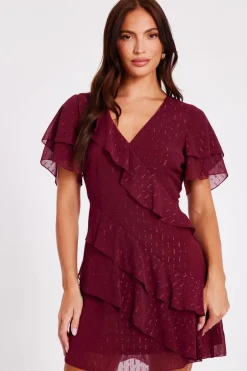 Quiz Dark Red Chiffon Ruffle Mini Dress Berry