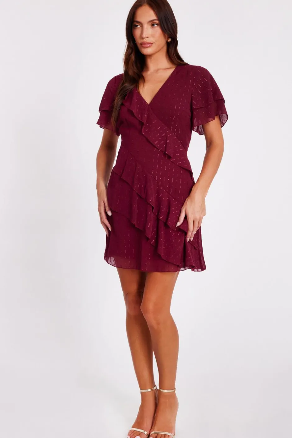 Quiz Dark Red Chiffon Ruffle Mini Dress Berry