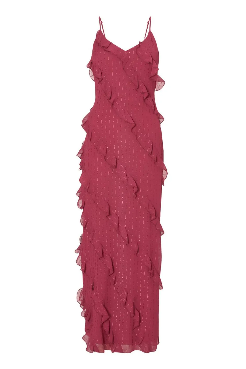 Quiz Dark Red Chiffon Ruffle Midaxi Dress Berry Clearance