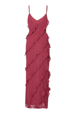Quiz Dark Red Chiffon Ruffle Midaxi Dress Berry Clearance