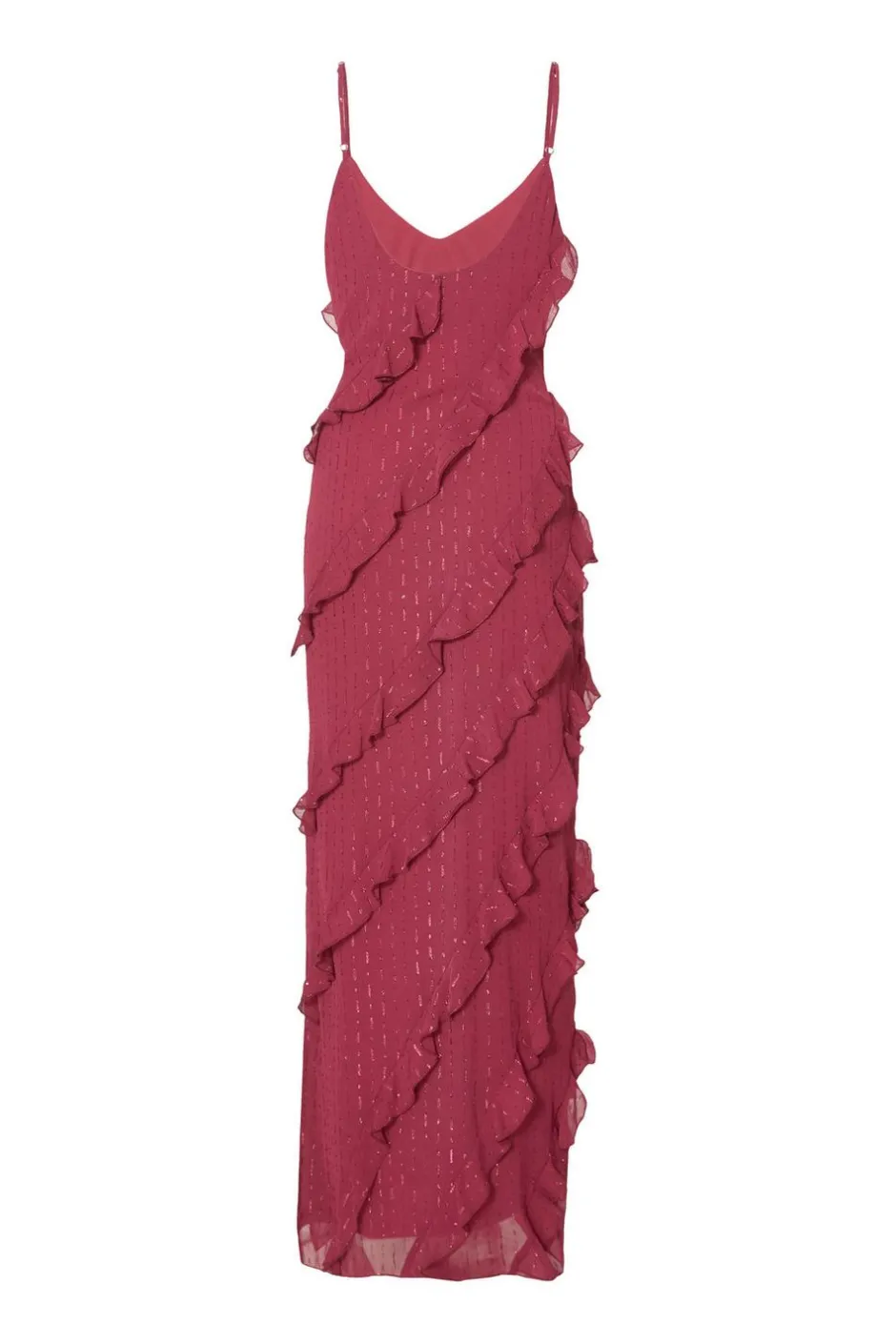 Quiz Dark Red Chiffon Ruffle Midaxi Dress Berry Clearance
