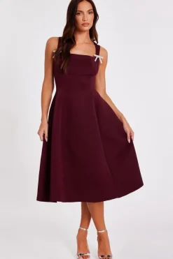 Quiz Dark Red Diamante Bow Midi Dress Wine Hot