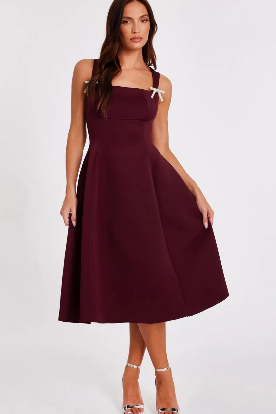 Quiz Dark Red Diamante Bow Midi Dress Wine Hot