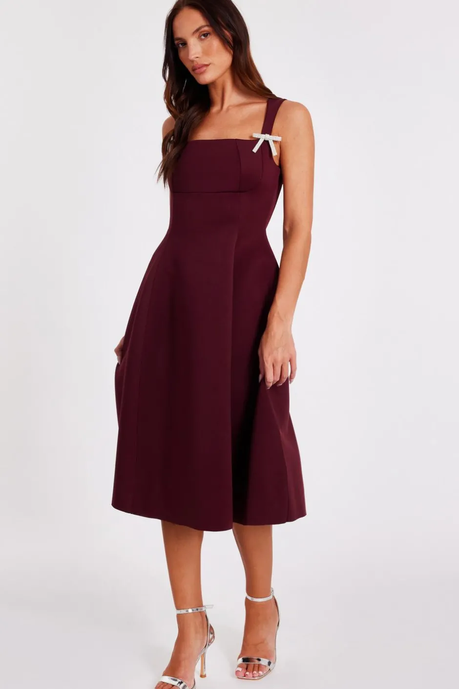 Quiz Dark Red Diamante Bow Midi Dress Wine Hot