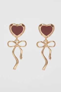 Quiz Dark Red Enamel Ribbon Heart Earrings Berry Discount