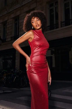 Quiz Dark Red Faux Leather Midaxi Dress Sale