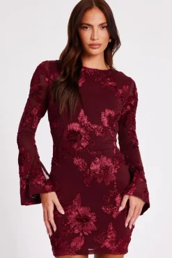 Quiz Dark Red Floral Applique Mini Dress Sale