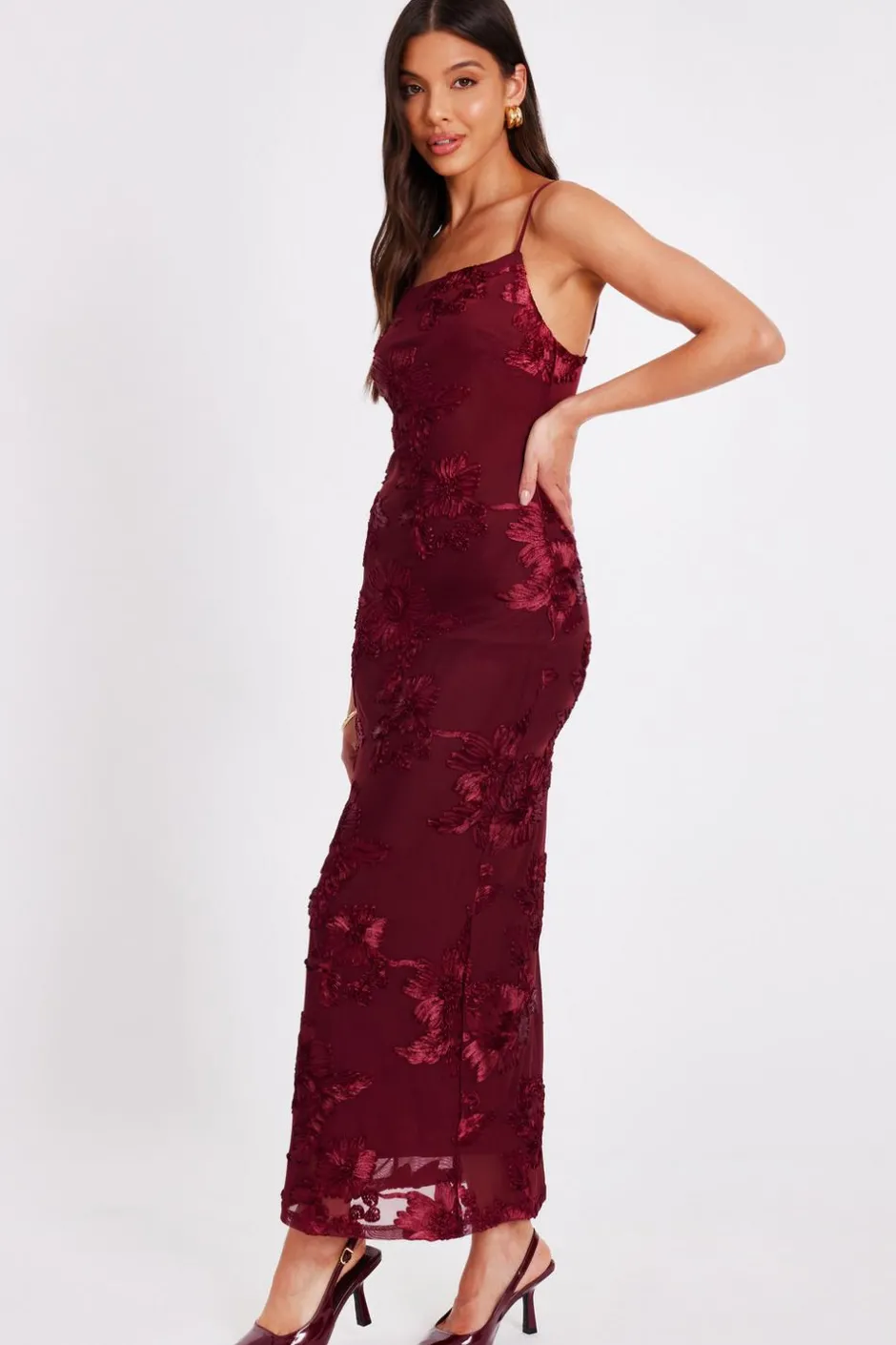 Quiz Dark Red Floral Applique Midaxi Dress Wine Best