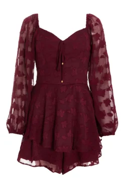 Quiz Dark Red Floral Jacquard Tiered Playsuit Burgundy Discount