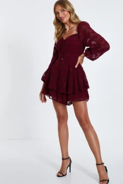 Quiz Dark Red Floral Jacquard Tiered Playsuit Burgundy Discount