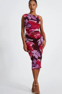 Quiz Dark Red Floral Midi Dress Discount