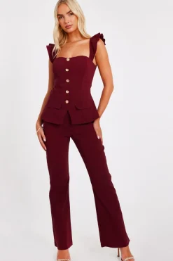 Quiz Dark Red Frill Sleeve Jumpsuit Berry