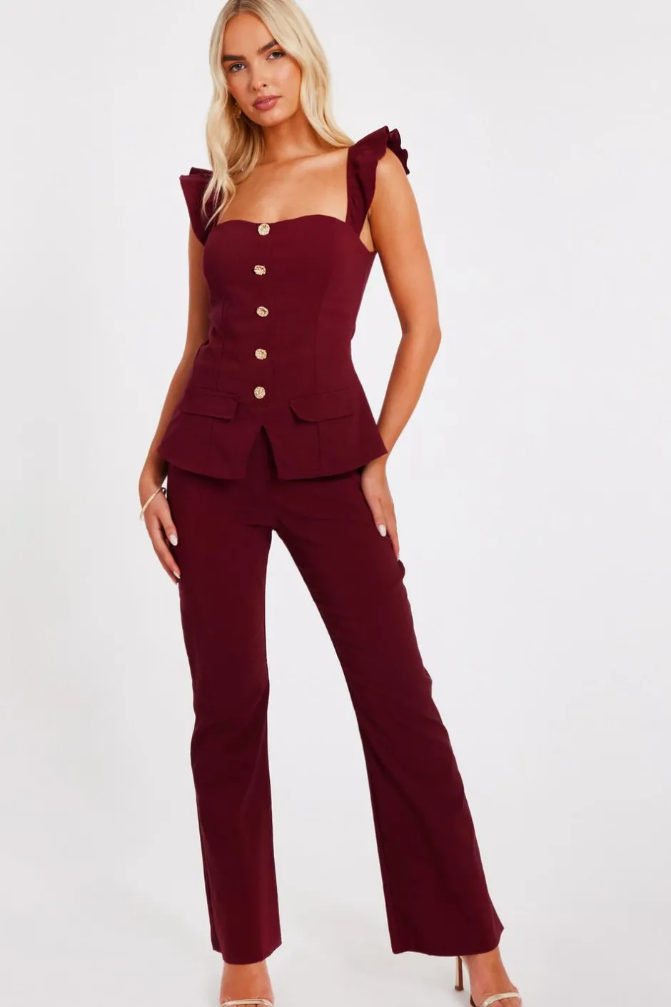 Quiz Dark Red Frill Sleeve Jumpsuit Berry