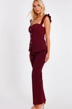 Quiz Dark Red Frill Sleeve Jumpsuit Berry