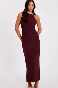 Quiz Dark Red Gold Buckle Midaxi Dress Wine Hot