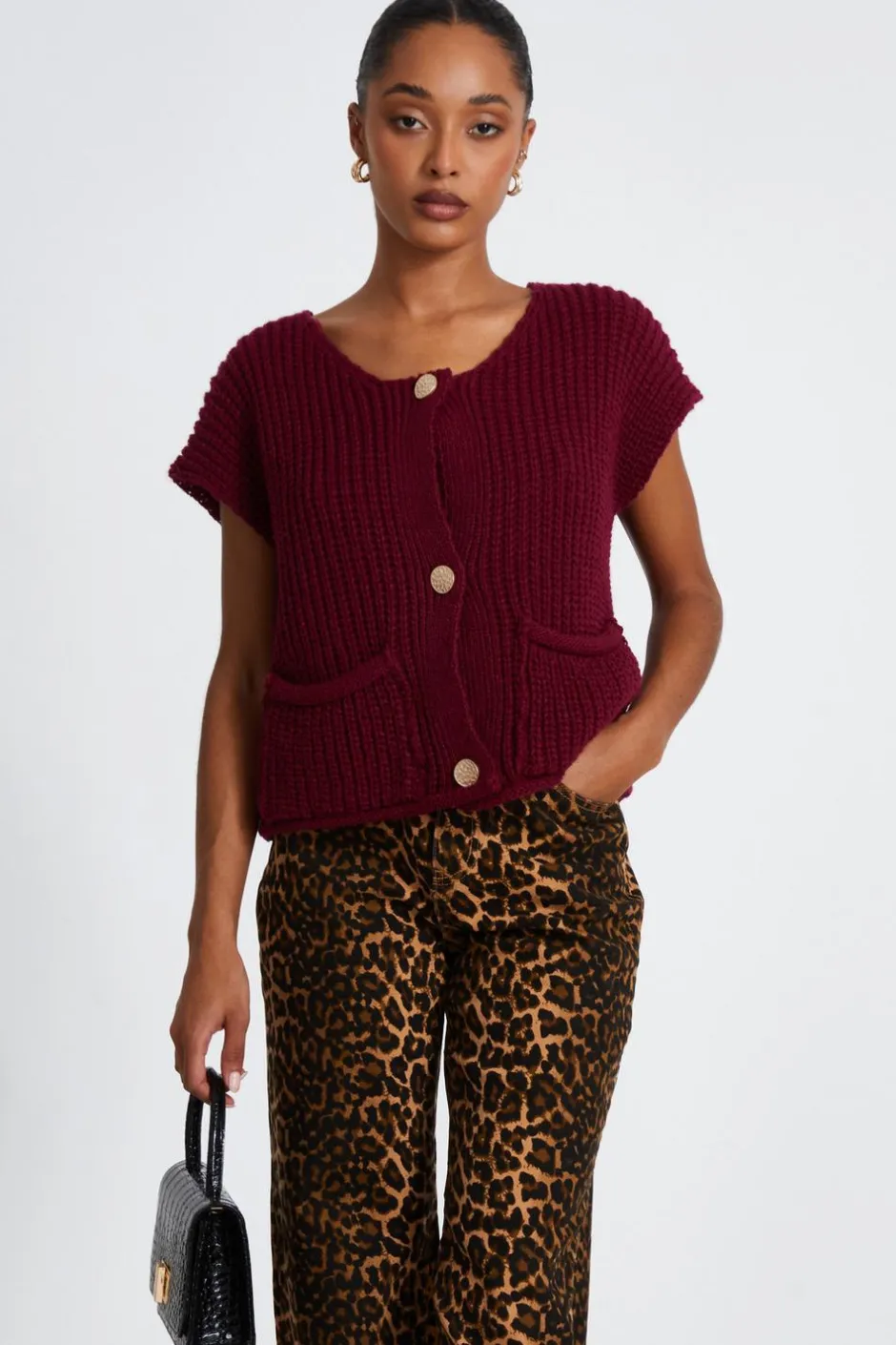 Quiz Dark Red Knit Sleeveless Cardigan Berry Best