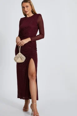 Quiz Dark Red Mesh Diamante Midaxi Dress Outlet