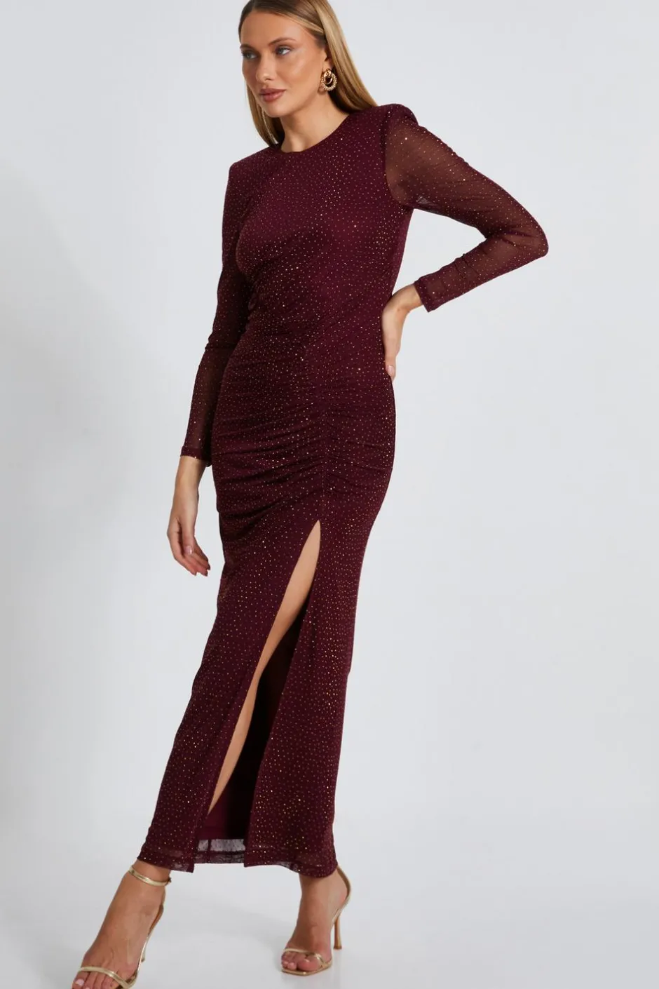 Quiz Dark Red Mesh Diamante Midaxi Dress Outlet