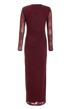 Quiz Dark Red Mesh Diamante Midaxi Dress Outlet