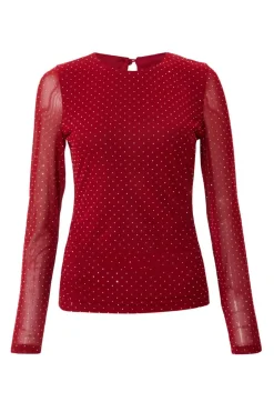 Quiz Dark Red Mesh Long Sleeve Top Berry Clearance