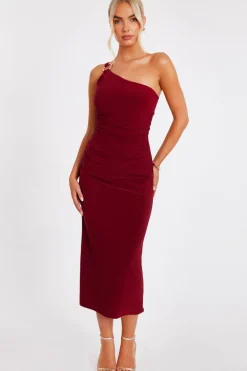 Quiz Dark Red One Shoulder Midaxi Dress Wine