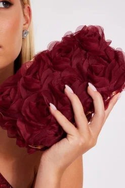 Quiz Dark Red Organza Rose Box Bag Sale