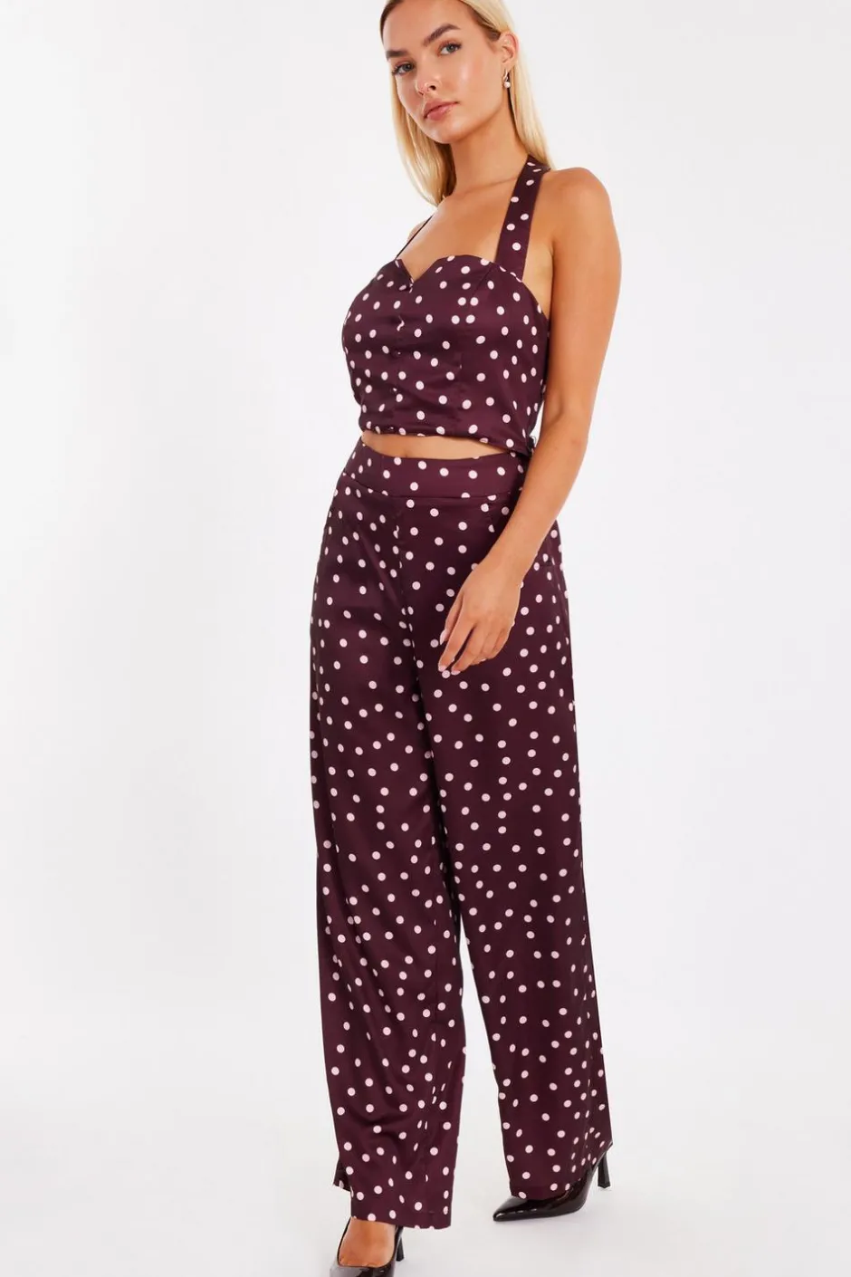 Quiz Dark Red Polka Dot Crop Top Online