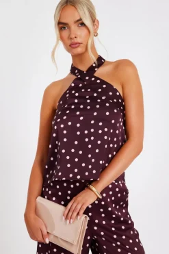 Quiz Dark Red Polka Dot Halter Top Sale