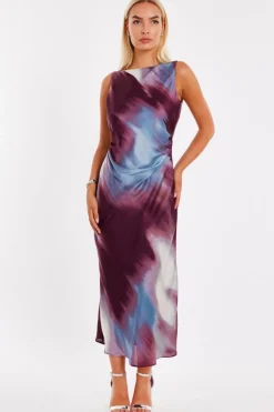 Quiz Dark Red Printed Satin Midaxi Dress Online