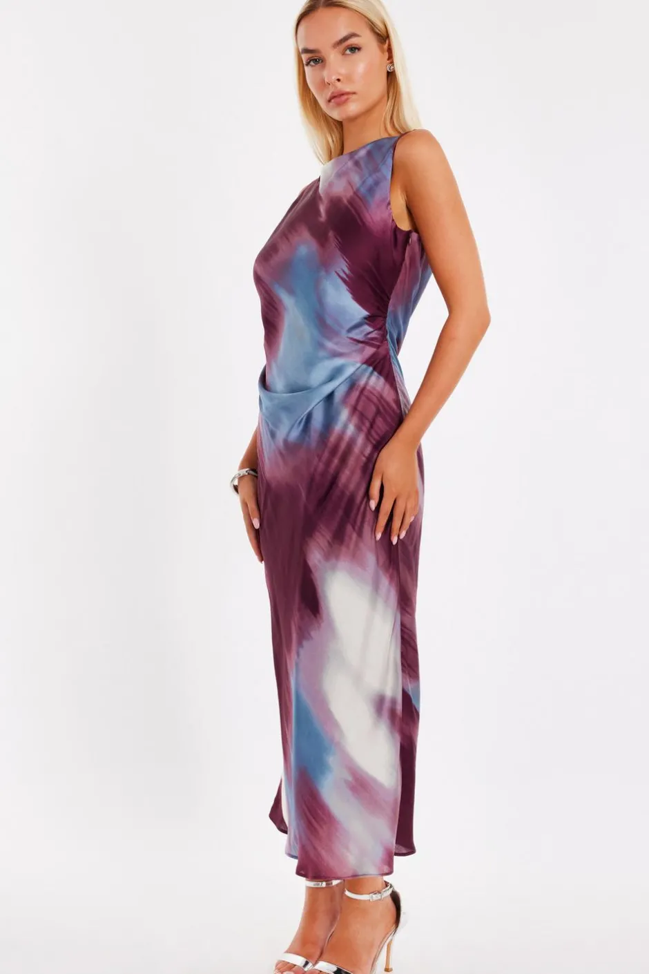 Quiz Dark Red Printed Satin Midaxi Dress Online