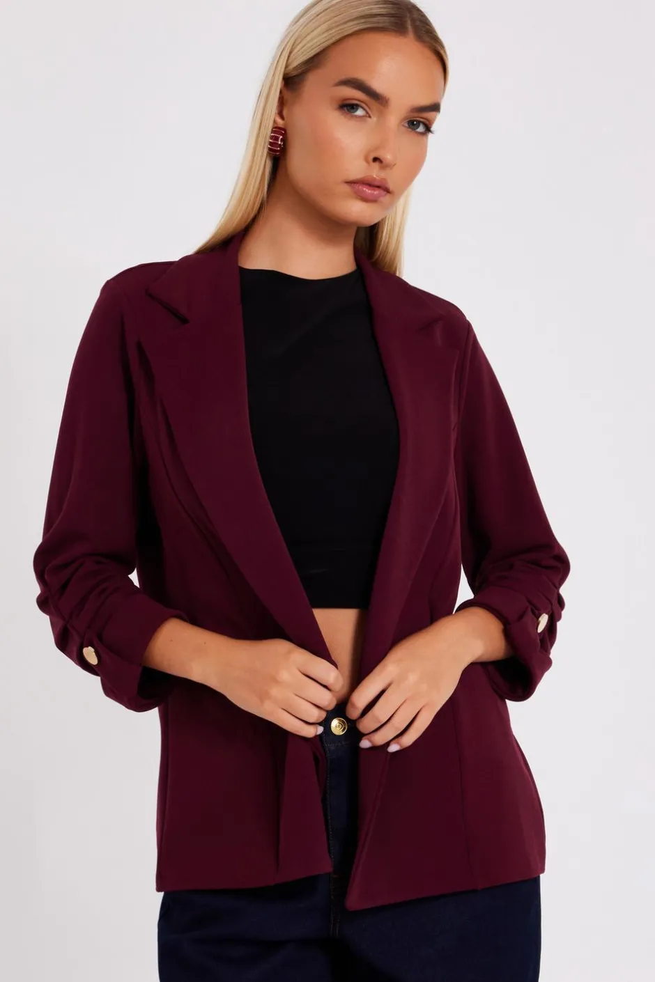 Quiz Dark Red Ruched Sleeve Blazer Burgundy Discount