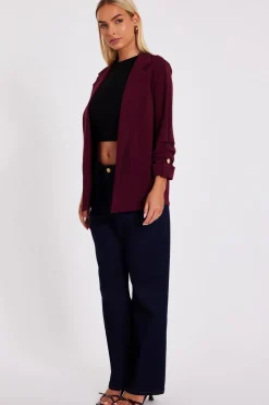 Quiz Dark Red Ruched Sleeve Blazer Burgundy Discount